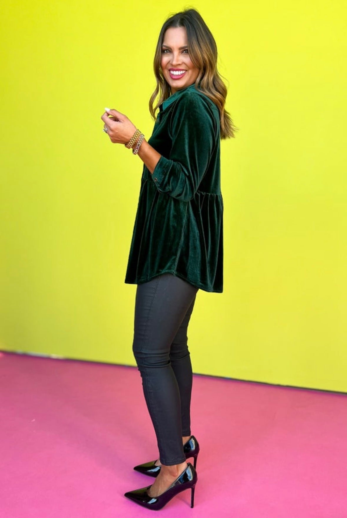 Evergreen Button Down Pleated High Low Tunic Top