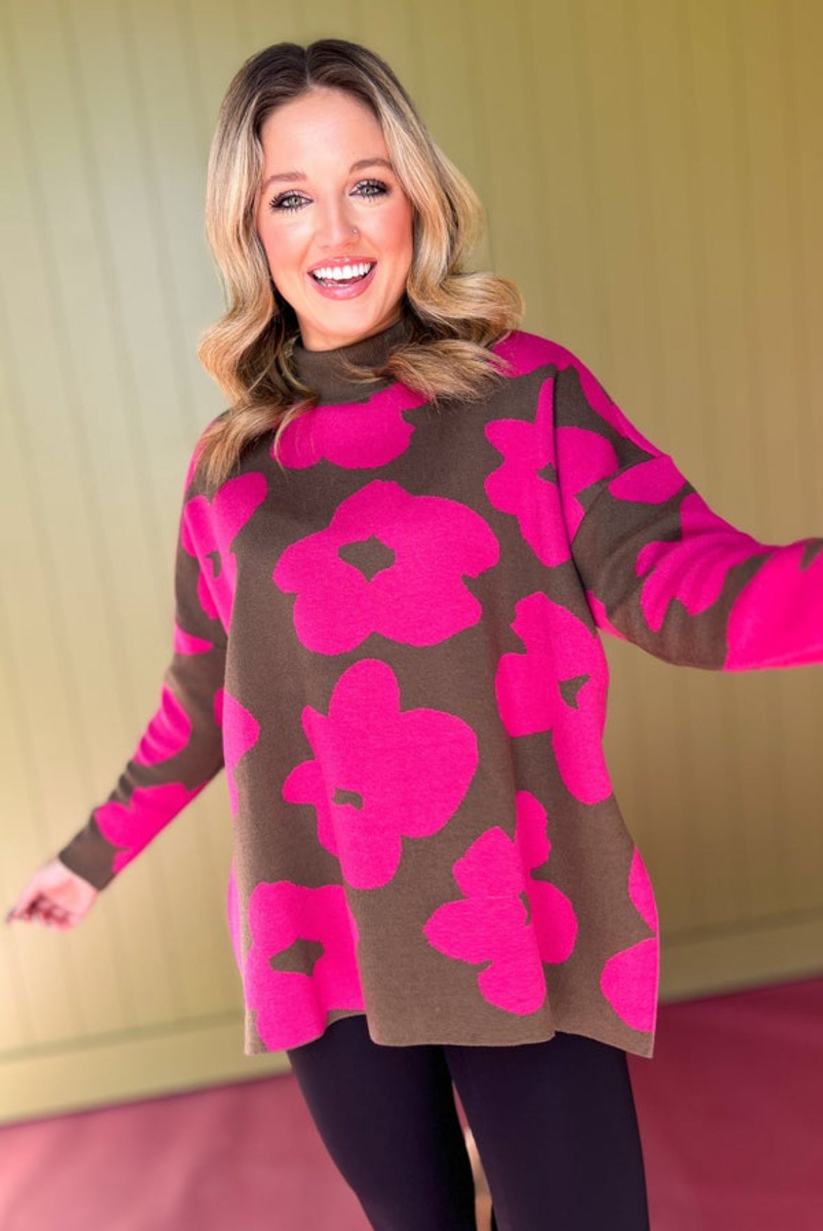 Olive Flower Print Knit Mock Neck Pullover
