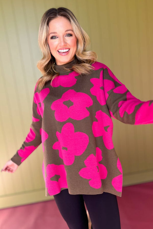 Olive Flower Print Knit Mock Neck Pullover