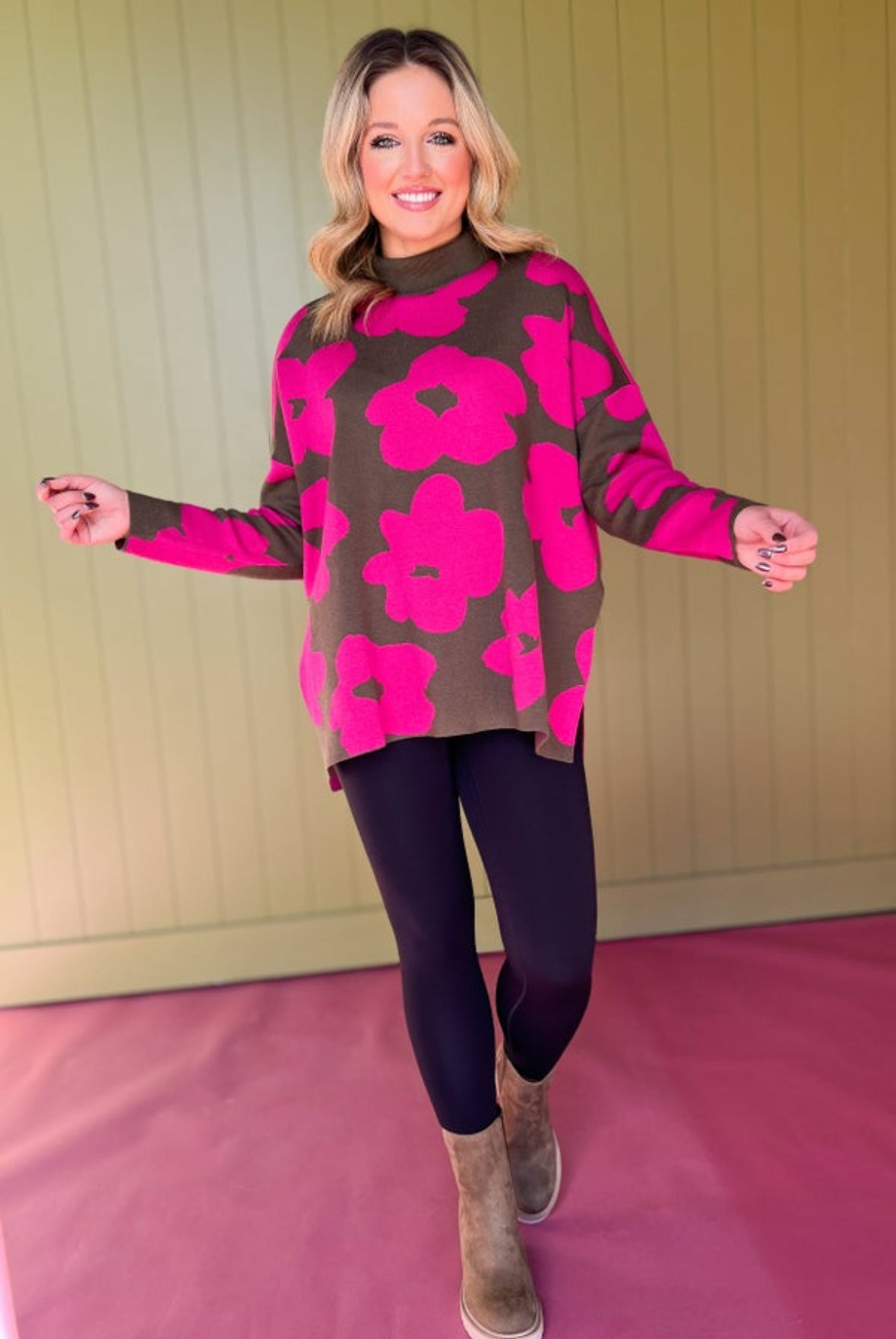 Olive Flower Print Knit Mock Neck Pullover