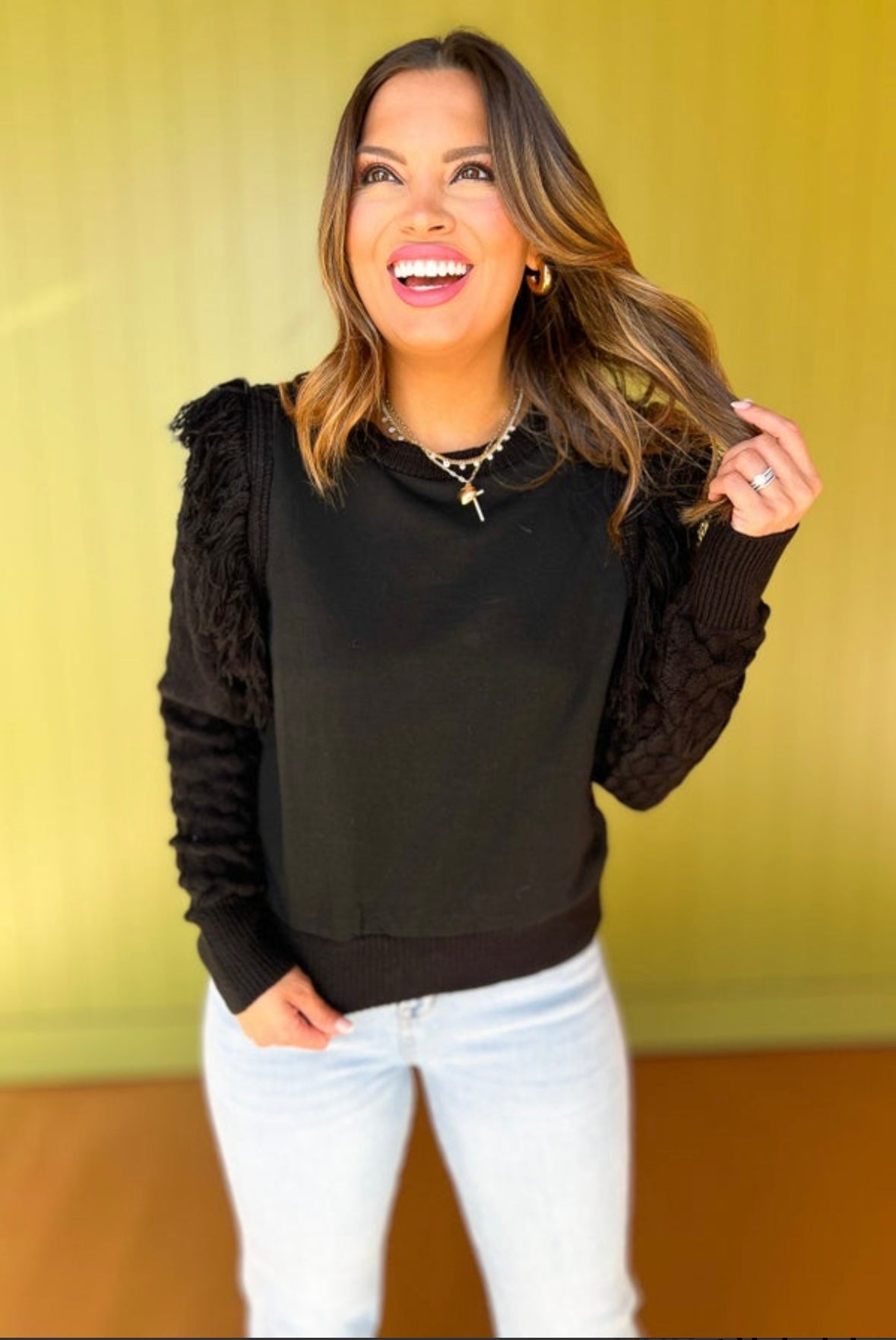 Black Fringe Sleeve Sweater French Terry Top