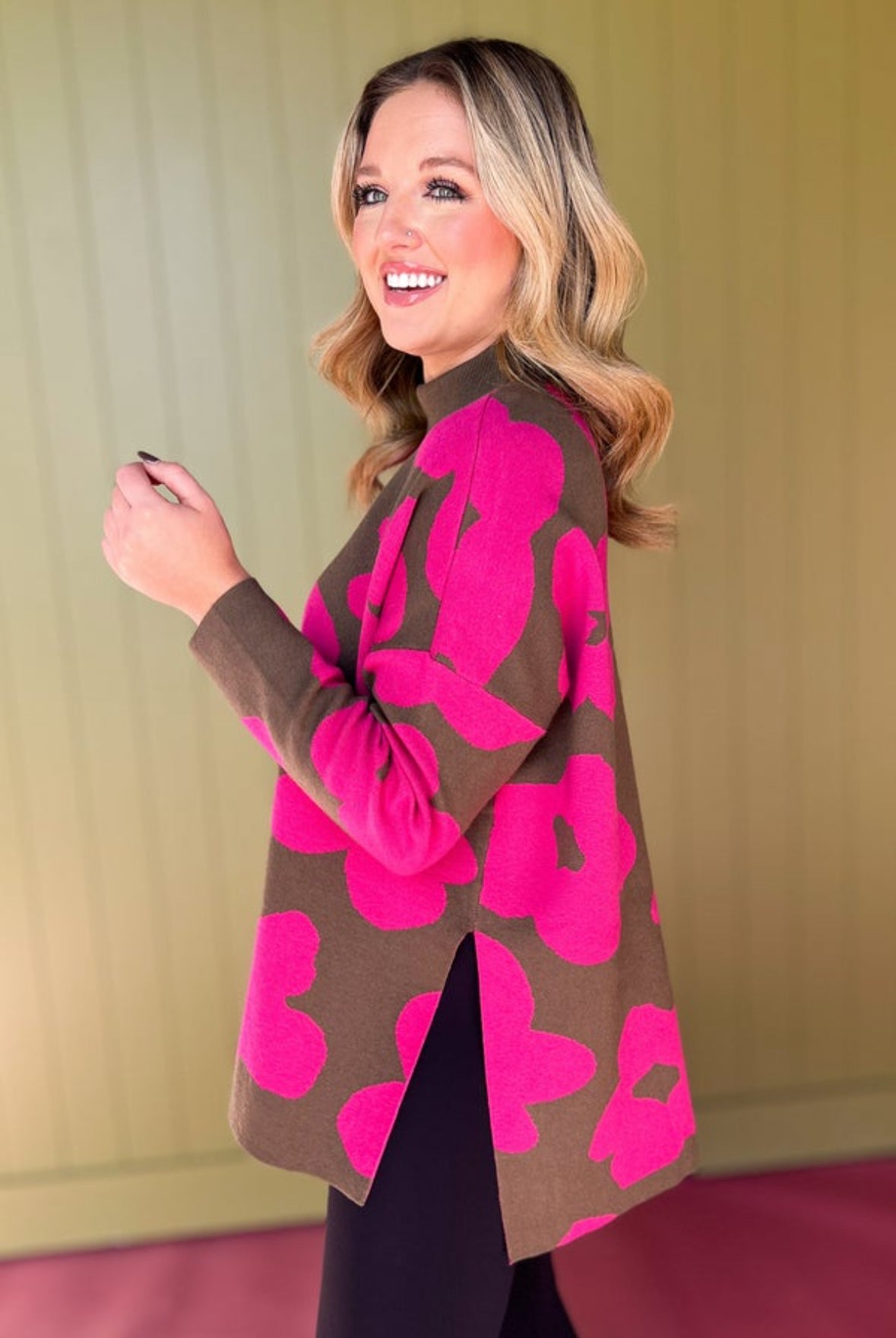 Olive Flower Print Knit Mock Neck Pullover