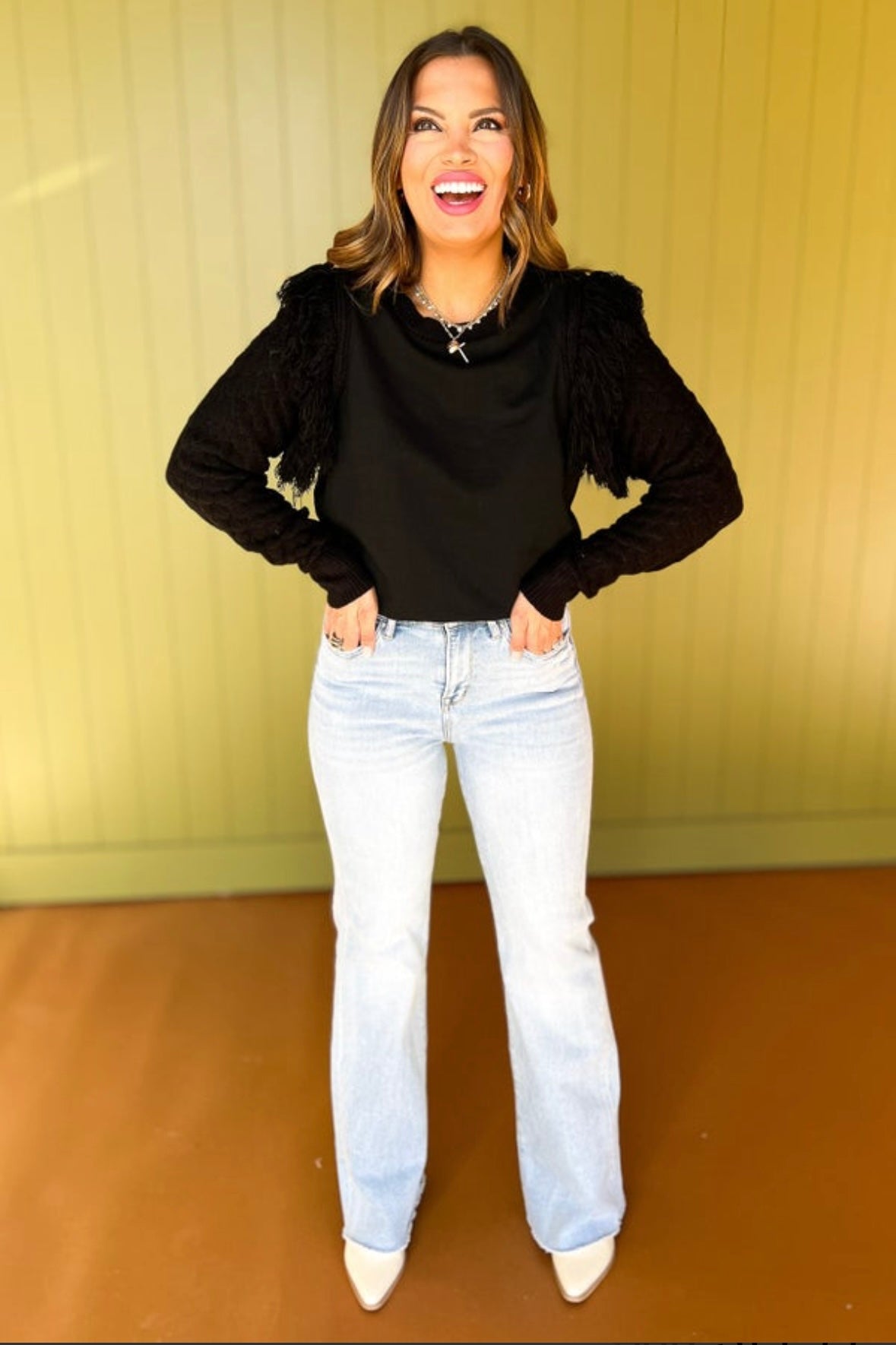 Black Fringe Sleeve Sweater French Terry Top