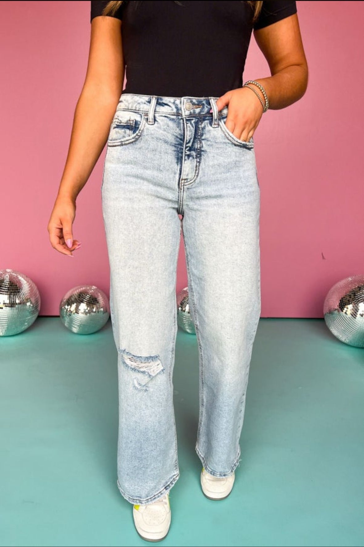 Lovervet By Vervet Distressed Super High Rise Wide Leg Jeans