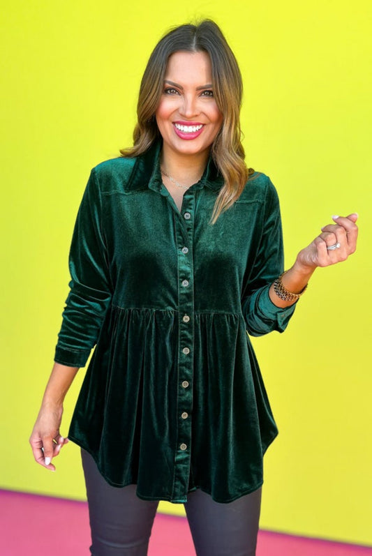 Evergreen Button Down Pleated High Low Tunic Top